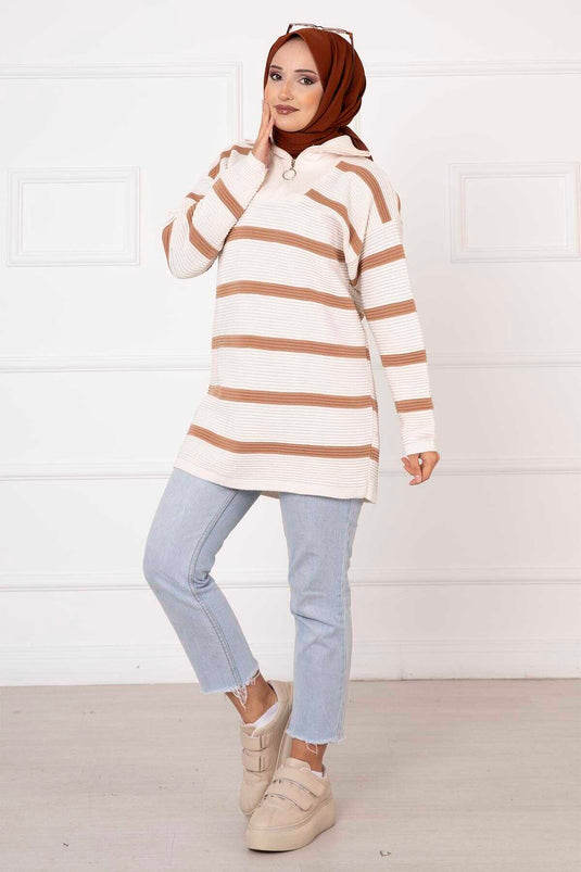 Zipper Detailed Striped Tunic Ecru