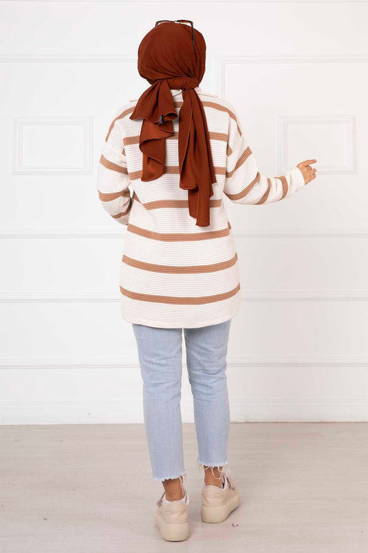 Zipper Detailed Striped Tunic Ecru