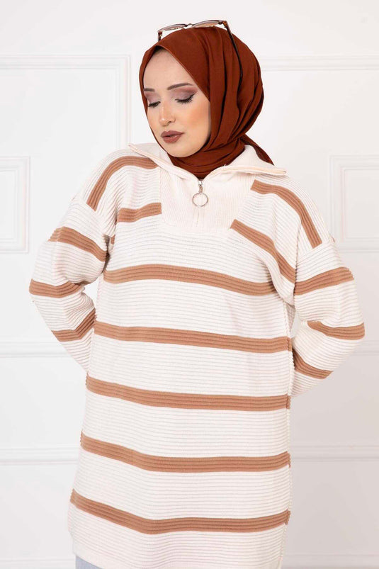 Zipper Detailed Striped Tunic Ecru