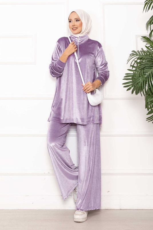 بدلة مخملية من قطعتين مع تفاصيل سحاب، أرجواني