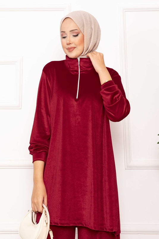 Velvet Two Piece Suit with Zipper Detail