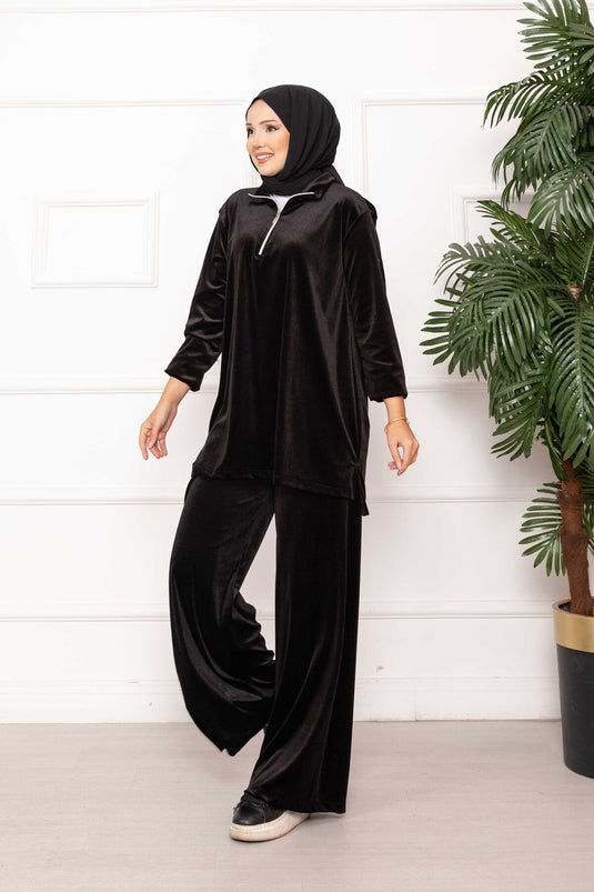 بدلة مخملية سوداء مكونة من قطعتين بتفاصيل سحاب