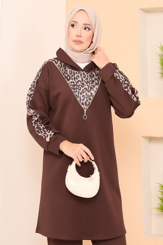Zipper Detailed Leopard Two Piece Hijab Suit Brown