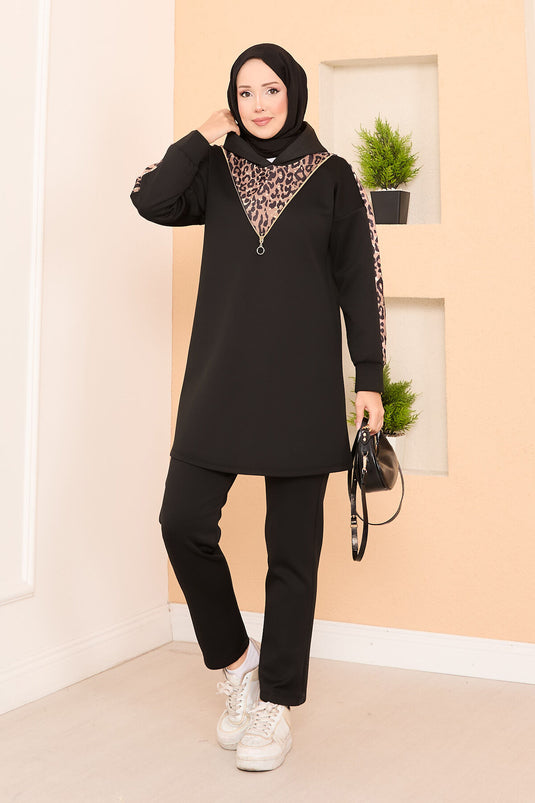 Zipper Detailed Leopard Two Piece Hijab Suit Black
