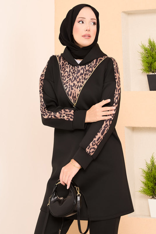 Zipper Detailed Leopard Two Piece Hijab Suit Black