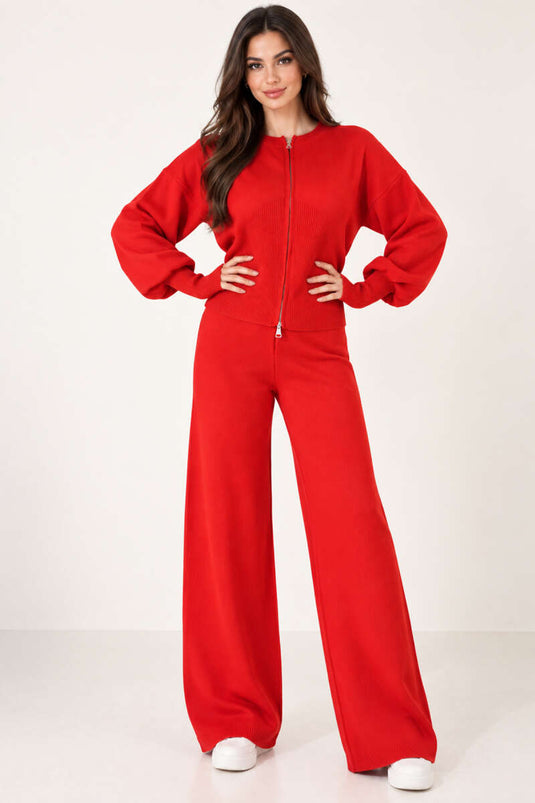 Red Zipper Detail Knit Set With Finger Openings