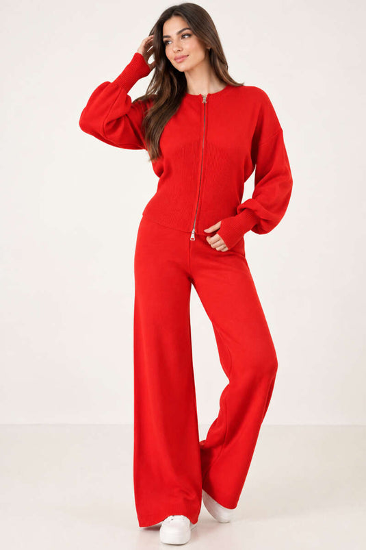Red Zipper Detail Knit Set With Finger Openings