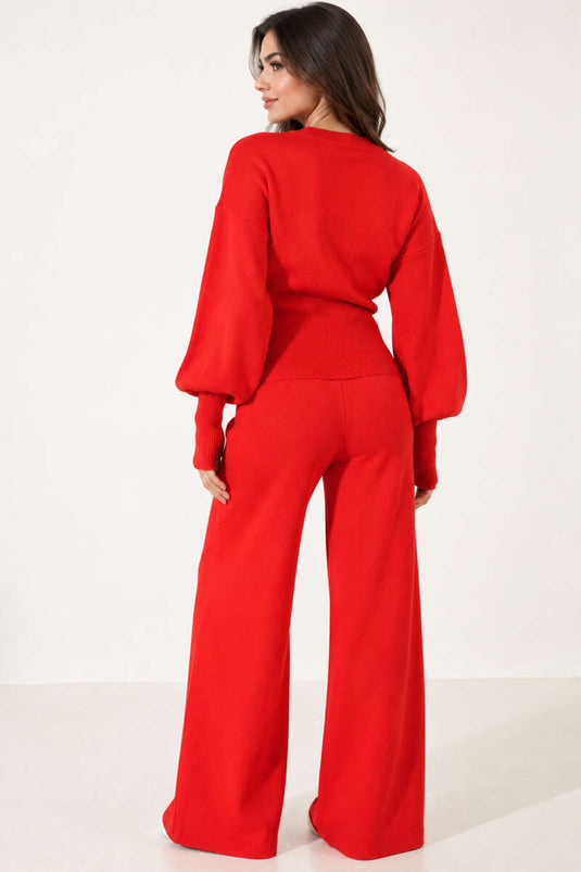 Red Zipper Detail Knit Set With Finger Openings