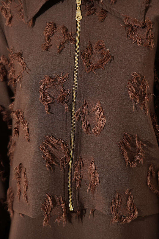Ensemble robe salopette à franges avec fermeture éclair, couleur marron