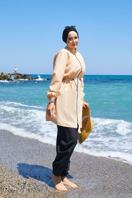 Zipper Detailed Modest Swimsuit Beige