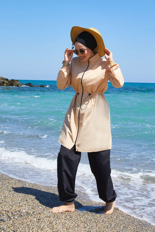 Zipper Detailed Modest Swimsuit Beige