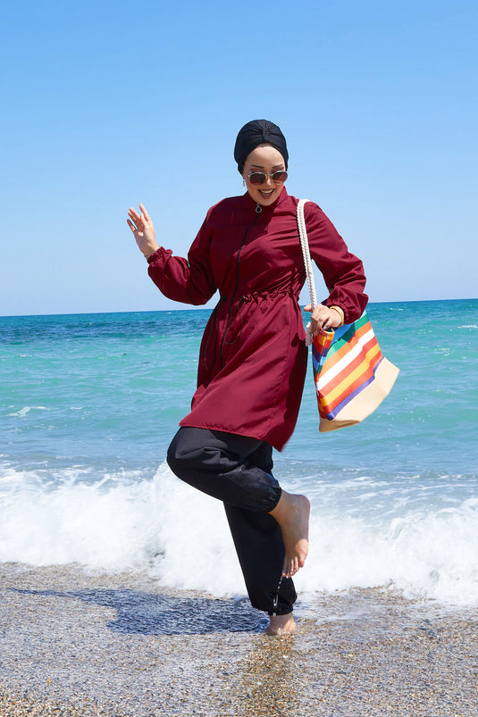 Zipper Detailed Modest Swimsuit Claret Red