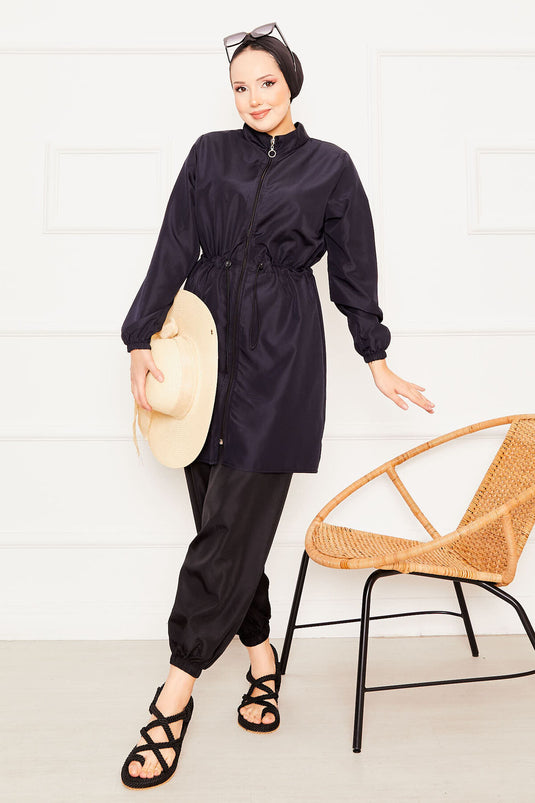 Zipper Detailed Hijab Swimsuit Navy Blue