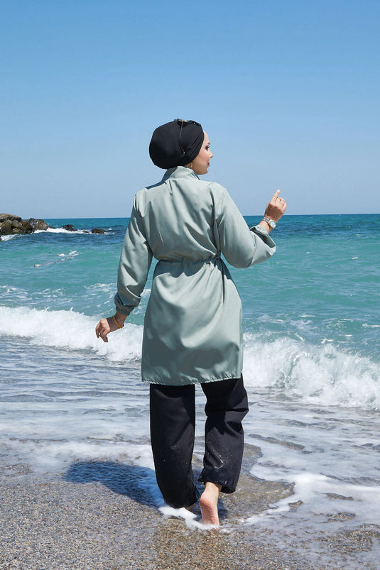 Zipper Detailed Modest Swimsuit Mint