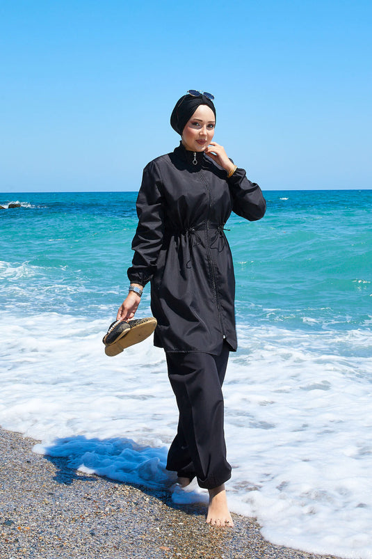 Zipper Detailed Hijab Swimsuit Black