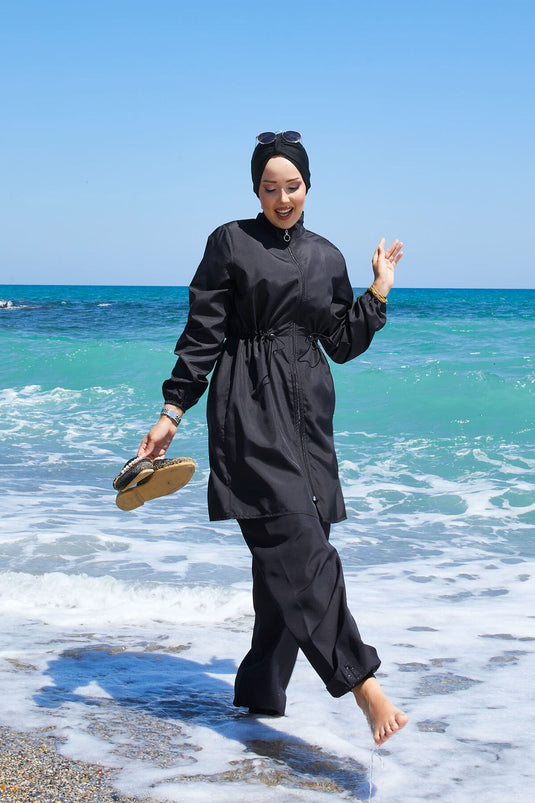 Zipper Detailed Hijab Swimsuit Black