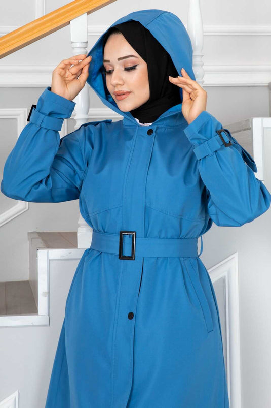 Trench lungo dettagliato con cerniera Hijab blu