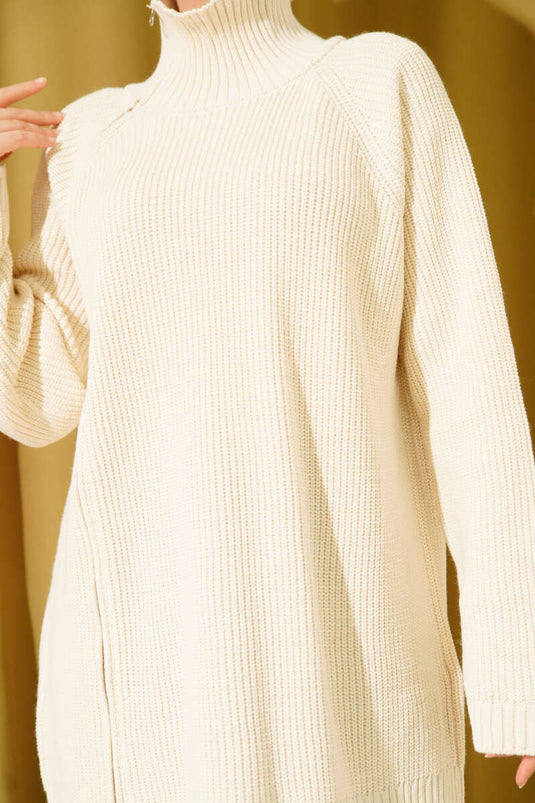 Zipper Detailed Knit Tunic Beige