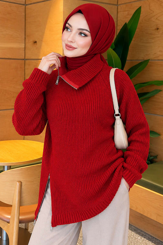 Rote Stricktunika Mit Reißverschluss