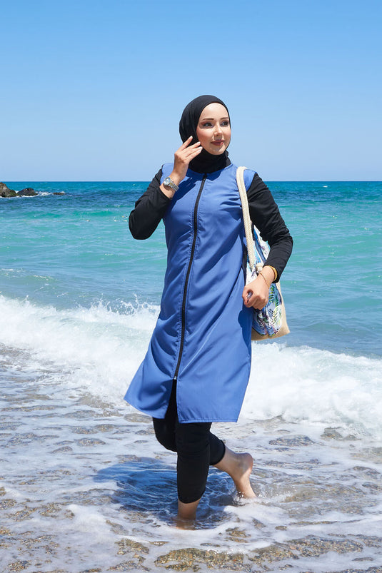 Maillot de bain modeste à fermeture éclair avec côtés à lacets, indigo