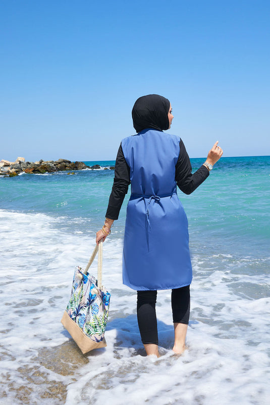 Maillot de bain modeste à fermeture éclair avec côtés à lacets, indigo