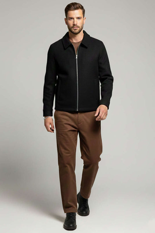 جاكيت رجالي مبطن من الكشمير مع سحاب للإغلاق، أسود