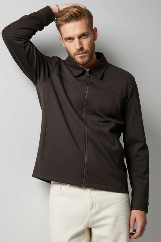 Fermuarlı Basic Erkek Ceket Acı Kahve