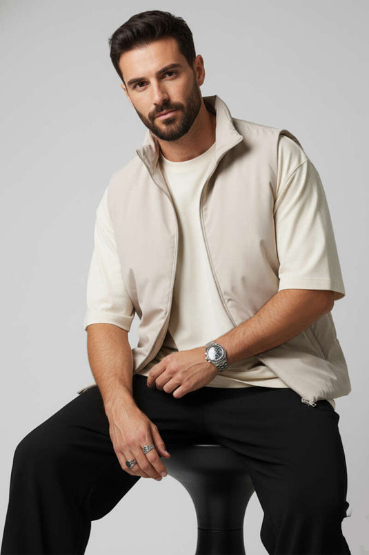 سترة رجالية أساسية بسحاب، بيج