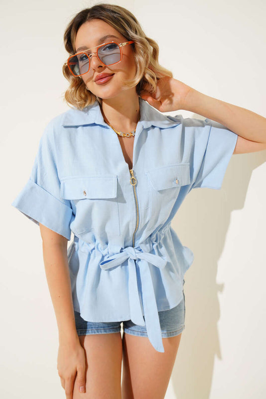 Zip-up Waist Gathered Shirt, Baby Blue