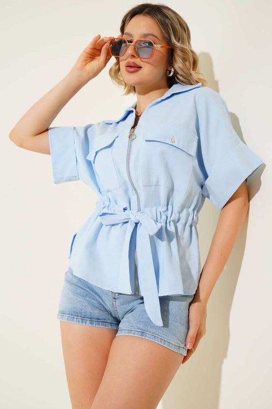 Zip-up Waist Gathered Shirt, Baby Blue