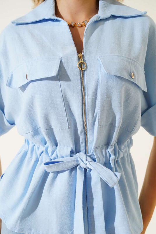 Zip-up Waist Gathered Shirt, Baby Blue