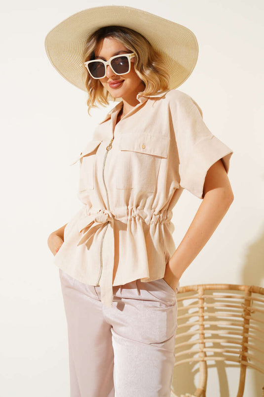 Zip-up Shirt with Drawstring Waist, Beige