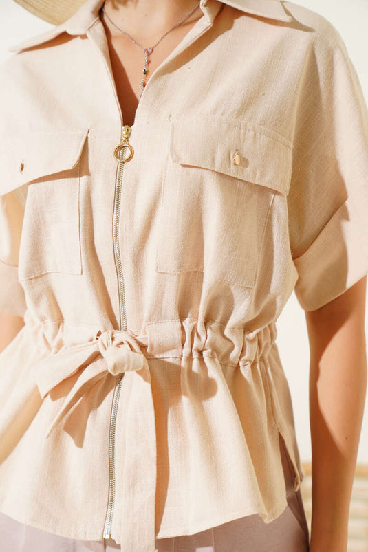 Zip-up Shirt with Drawstring Waist, Beige