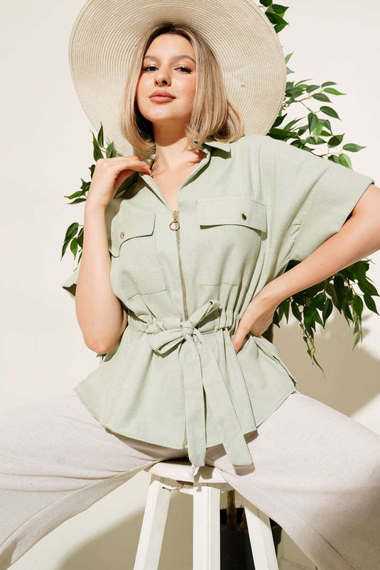 Zip-up Shirt with Drawstring Waist, Light Green