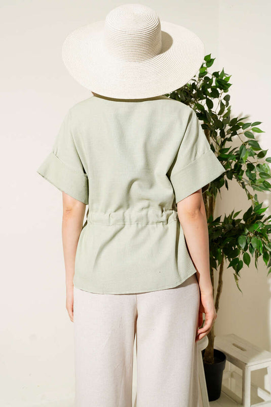 Zip-up Shirt with Drawstring Waist, Light Green