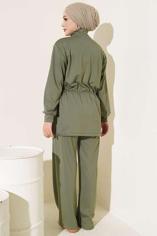 Ensemble Deux Pièces Élastiqué À Taille Zippée Kaki