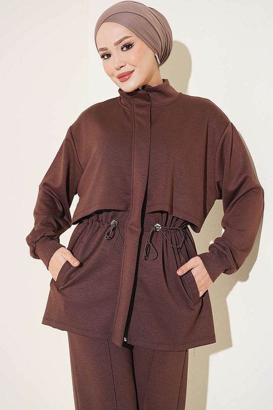 Ensemble Deux Pièces Élastiqué À Taille Zippée En Café