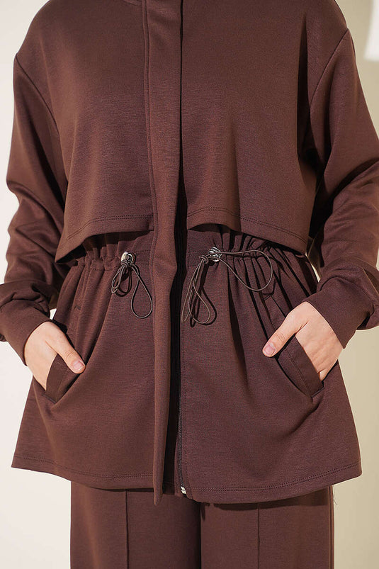 Ensemble Deux Pièces Élastiqué À Taille Zippée En Café