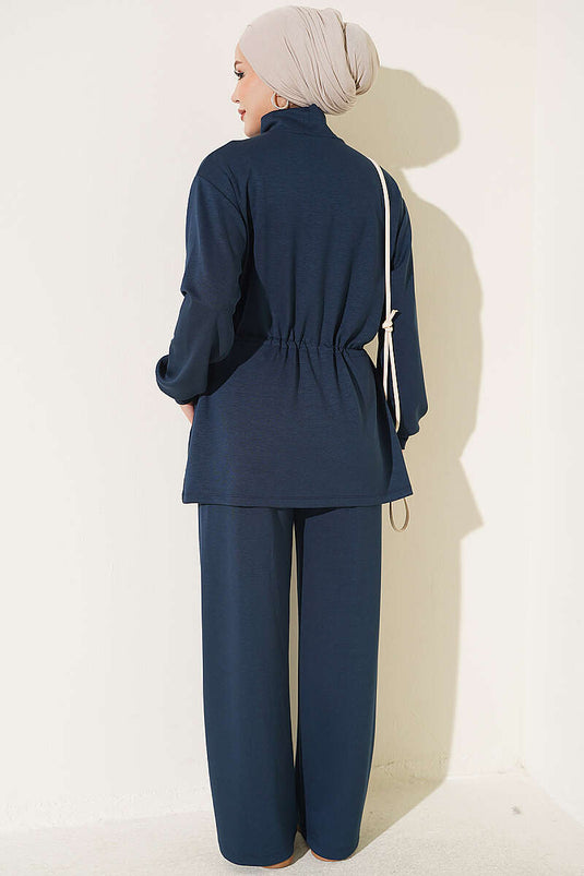 Ensemble Deux Pièces Élastiqué À Taille Zippée Marine