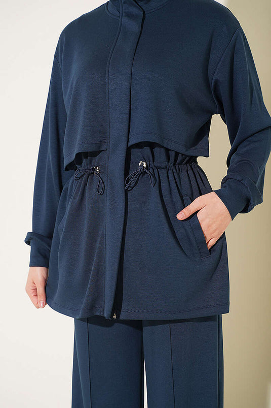 Ensemble Deux Pièces Élastiqué À Taille Zippée Marine