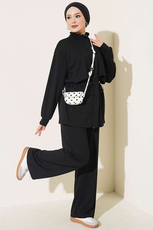 Conjunto De Dos Piezas Con Cintura Elástica Y Cremallera Negro