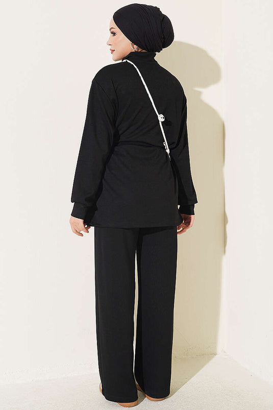 Conjunto De Dos Piezas Con Cintura Elástica Y Cremallera Negro