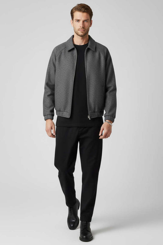 Veste en cachemire pour homme, gris foncé, avec fermeture éclair et taille élastiquée.