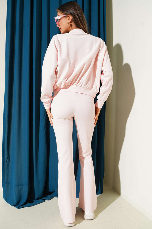 طقم مزدوج بخصر مطاطي وسحاب وردي