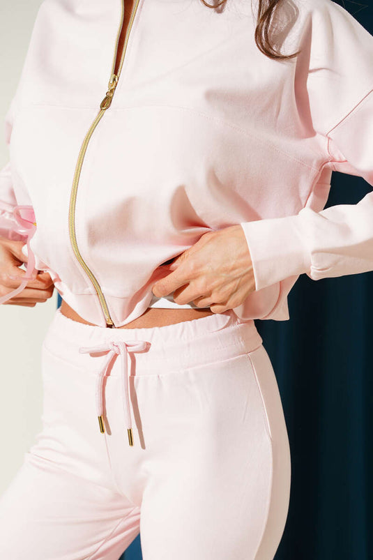 طقم مزدوج بخصر مطاطي وسحاب وردي