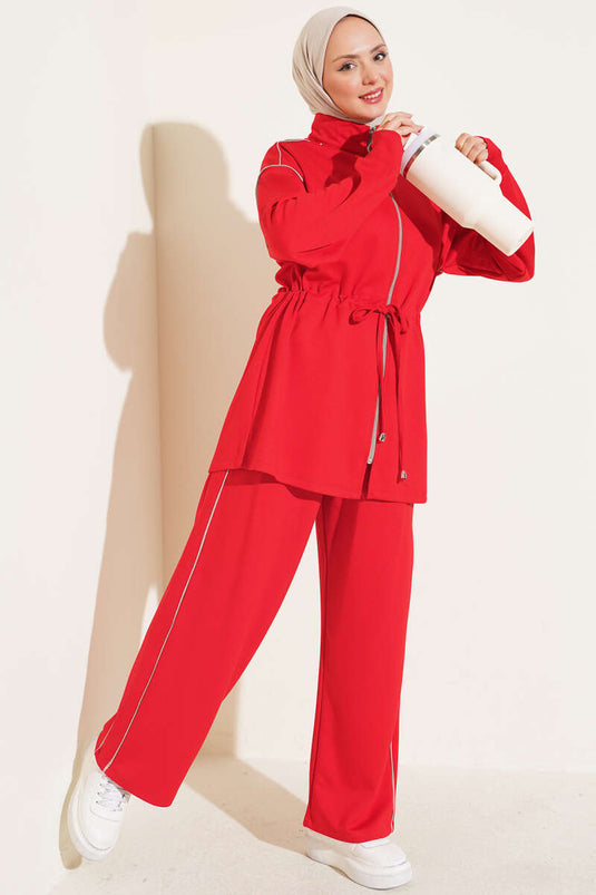 Zippered Waist Tulle-Trimmed Two-Piece Set In Red