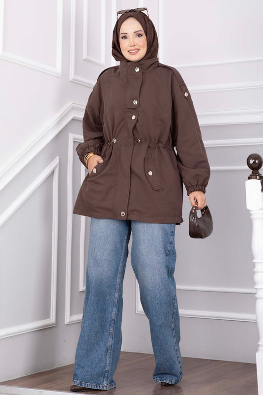 Korte Trenchcoat Met Ritssluiting En Verstelbare Taille In Koffie