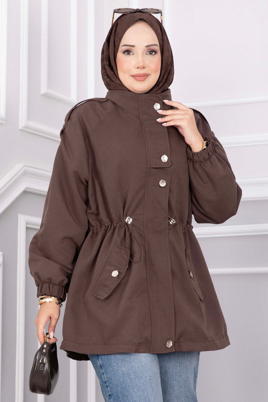 Korte Trenchcoat Met Ritssluiting En Verstelbare Taille In Koffie