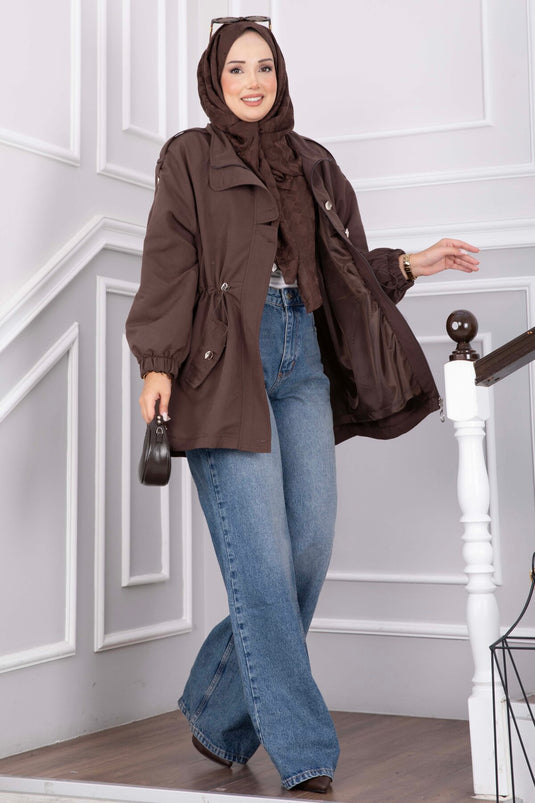 Korte Trenchcoat Met Ritssluiting En Verstelbare Taille In Koffie