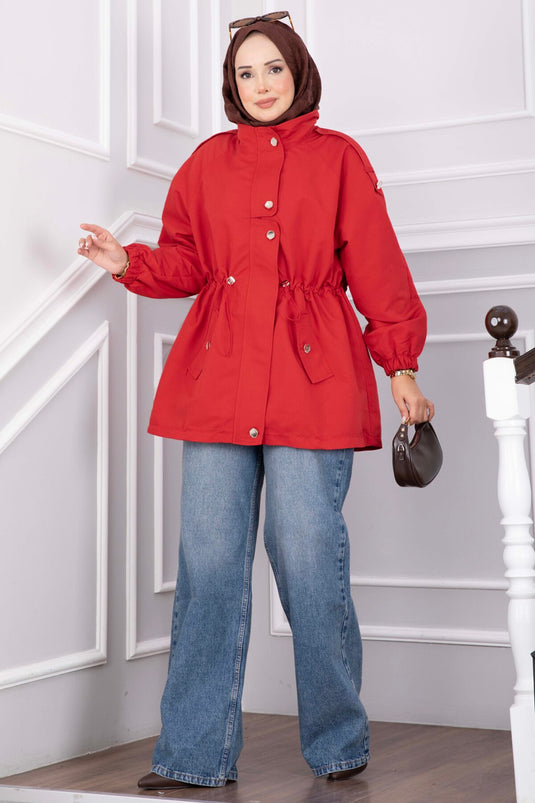 Korte Rood Trenchcoat Met Rits En Verstelbare Taille